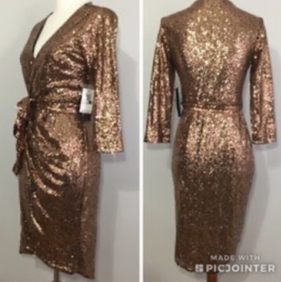 NWT Aqua Copper Sequin Wrap Dress w Waist Tie - Picture 2 of 5